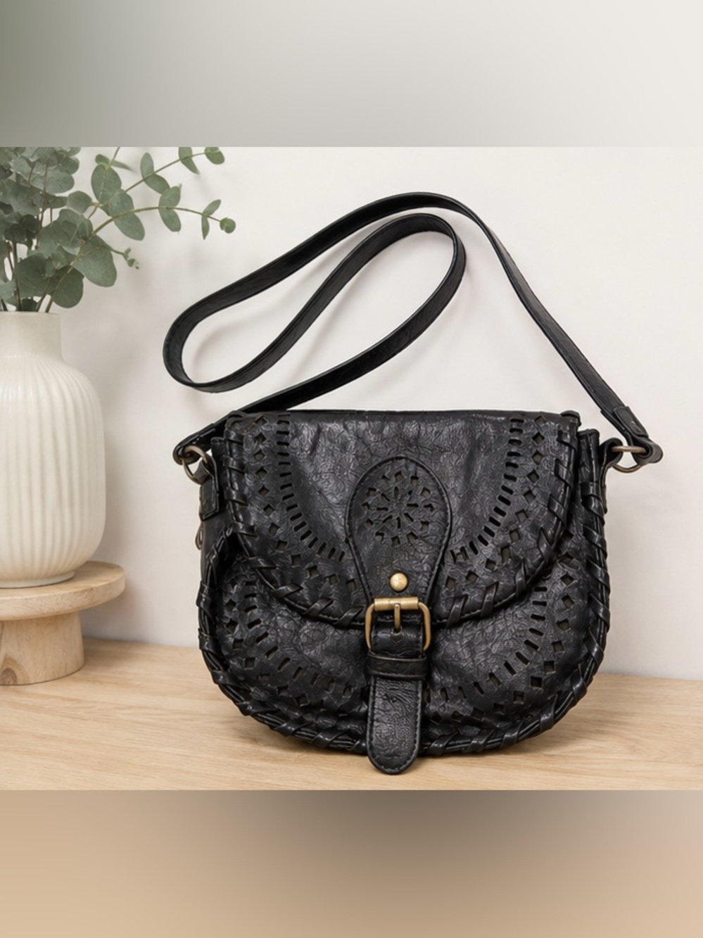 Vintage Black Faux Leather Saddle Bag